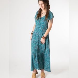 Mexicali Blues Flora Cap Sleeve Button Maxi Dress Small TEAL